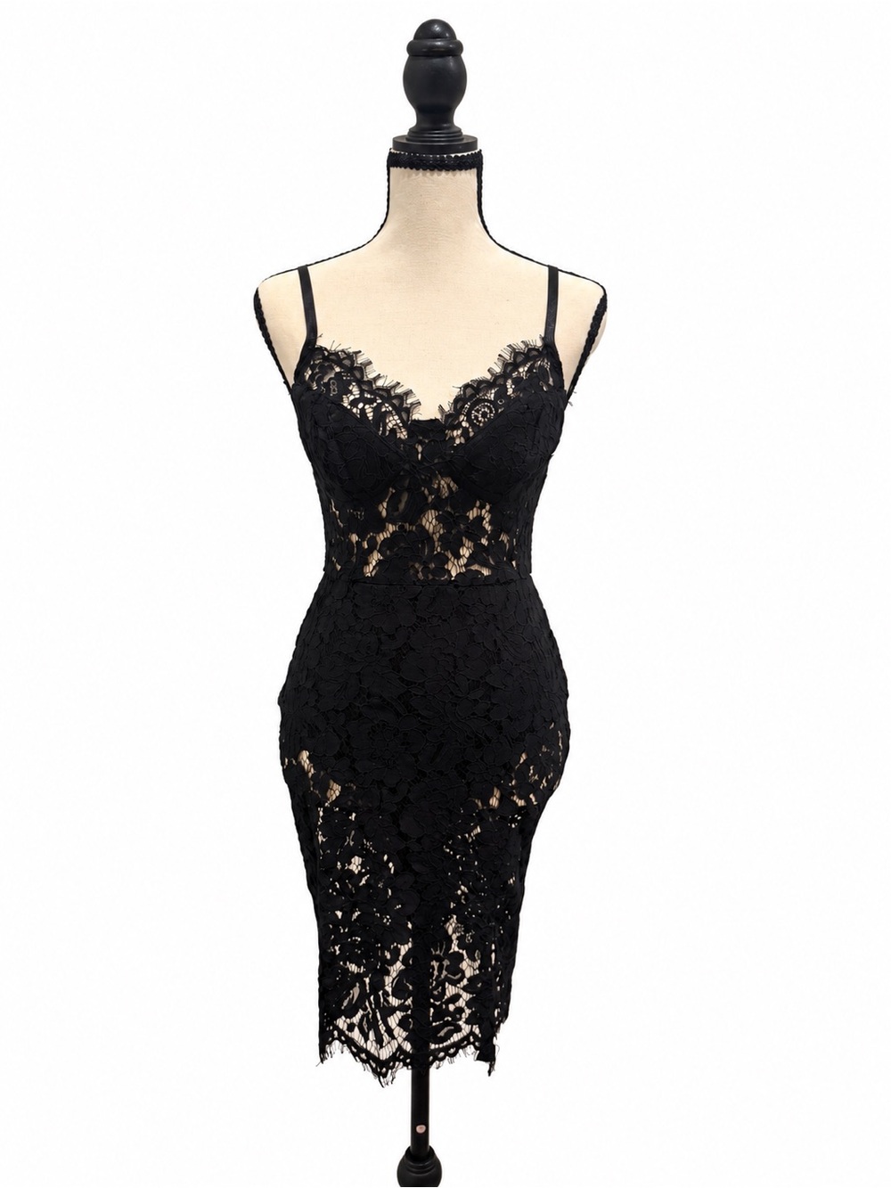 Fashion Nova Black Lace Slip Dress with Scalloped Trim